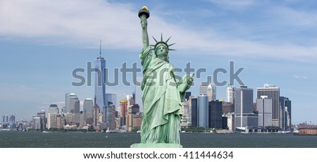 Statue of Liberty. New York, panorama of Manhattan with the One World Trade Center (Freedom Tower) and Hudson River, USA Royalty-Free Stock Photo #411444634