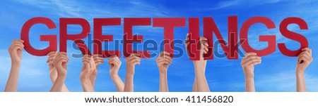 Many People Hands Holding Red Straight Word Greetings Blue Sky