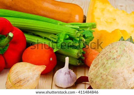 Vegetables Tomato, Pepper, Garlic, Celery, Peppers and Pumpkin Studio Photo