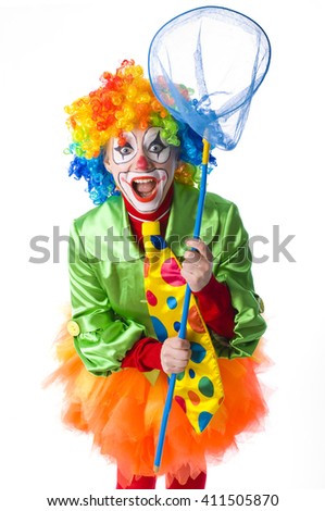 Portrait of funny clown with a butterfly net on a white background