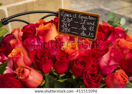 Roses for sale in Paris flower shop with labels displaying euros