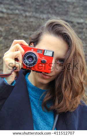 girl, red camera, hipster,