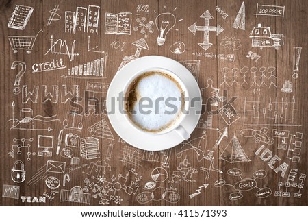 Coffee cup and business strategy, sketched drawings