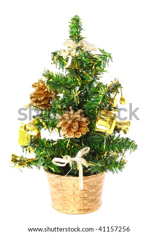 Christmas and New Year decoration-basket  with New Year tree. Isolated