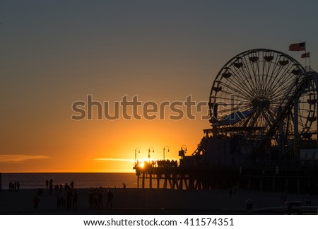 Sunset at Santa Monica Beach Royalty-Free Stock Photo #411574351