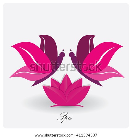 Isolated lotus flower with a pair of butterflies on a white background