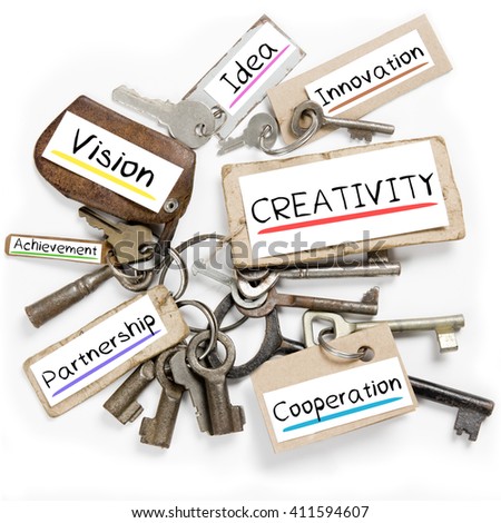 Photo of key bunch and paper tags with CREATIVITY conceptual words