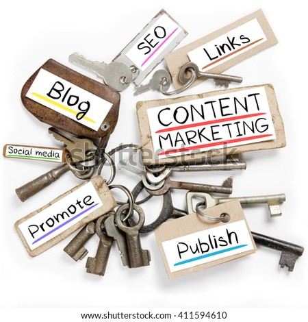 Photo of key bunch and paper tags with CONTENT MARKETING conceptual words