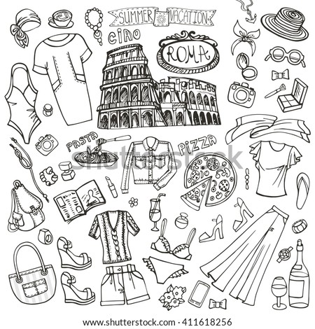 Fashion illustration.Italy,Rome .Women summer vacation. Dress,clothes,accessories. Hand drawing fashionable Vector doodle background,summer party set.Isolated Sketches,design template