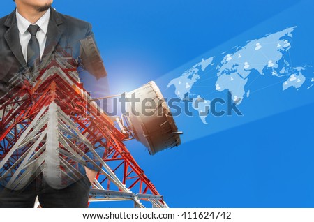 Double exposure of Network and world map with people logo on businessman background,Elements of this image furnished by NASA.