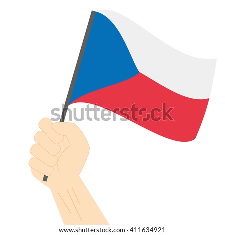 Hand holding and raising the national flag of Czech Republic