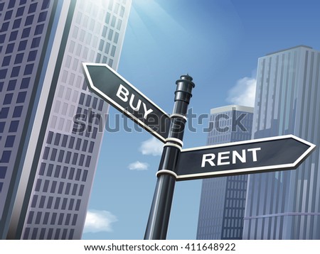 crossroad 3d illustration black road sign saying rent and buy
