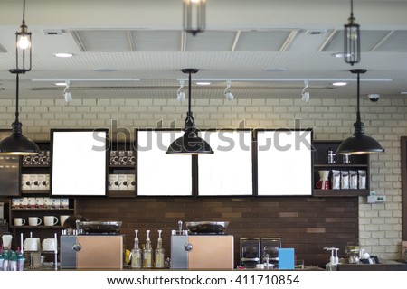 white screen display in coffee shop for advertisement  Royalty-Free Stock Photo #411710854