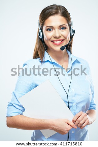 Woman call center operator hold blank sign board. White background isolated.