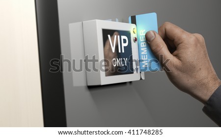 Composite image between photography and 3D background. Hand with blue card key unlocking access to VIP area. Concept of customers exclusive privileges. Royalty-Free Stock Photo #411748285