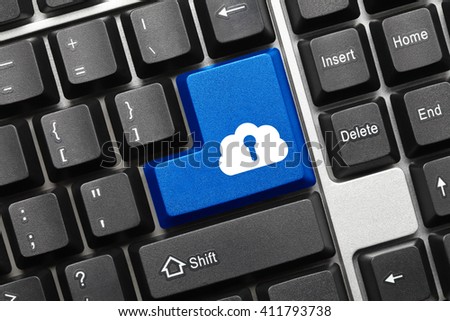 Close-up view on conceptual keyboard - Blue key with cloud and keyhole symbol