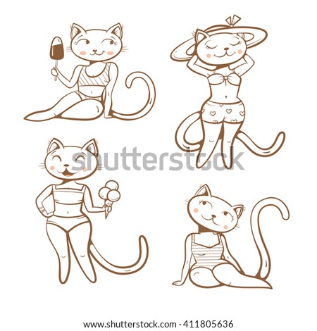 Cartoon  cats set. Cute kittens  in bikinis. Vector contour image. Summer collection. Transparent  background. 