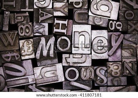 Close up of old used metal typeset letters with the word money
