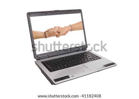 two hands shaking inside a laptop