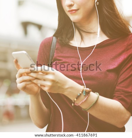 Woman Listening Music Media Entertainment Walking Concept