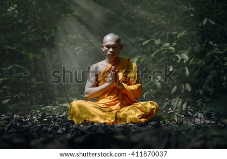 monk evening meditation Royalty-Free Stock Photo #411870037