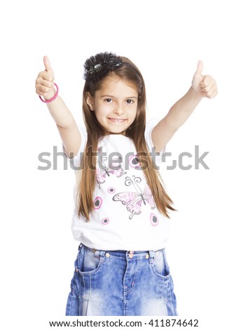 Portrait of girl showing sign isolated on white