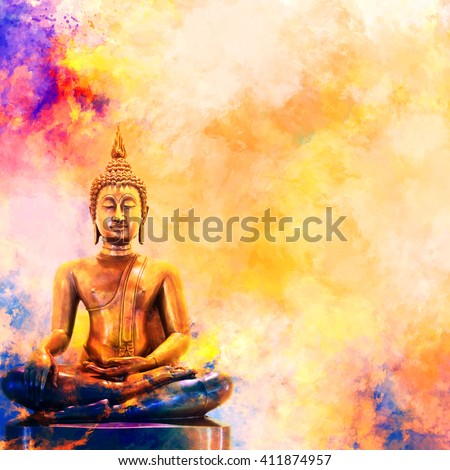 Golden Buddha statue on watercolor background.