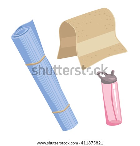 Vector set yoga mattress roll illustration. Water bottle and a towel.