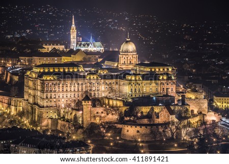 Buda Castle or Royal Palace in Budapest, Hungary Illuminated at Night Royalty-Free Stock Photo #411891421