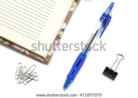 blue pen, note and clips isolated on white background for writing letter, signing contracts, filling blank