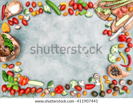 Fresh vegetables and spices. Food objects frame. Healthy nutrition. Vintage style colored picture