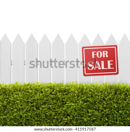 For sale sign on white wooden fence isolated on white background with copy space