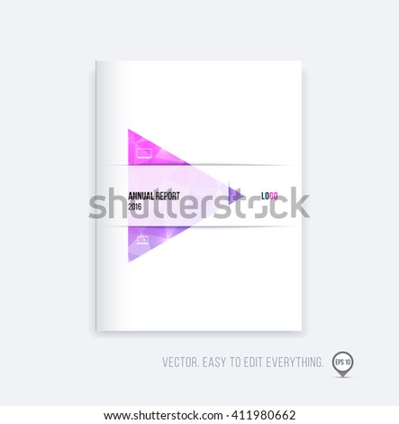Brochure template layout, cover design, annual report, magazine, flyer or booklet in A4 with purple pink triangle geometric arrow shape on polygonal background. Business vector Illustration.
