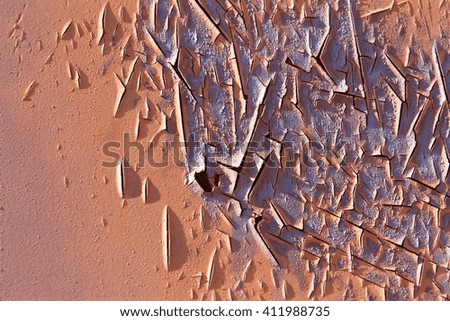 Beautiful picture with the old shelled red painting on the rusty metal sunny wall