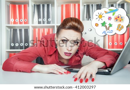 Tired bored businesswoman dreaming about holiday in office. Overwork concept