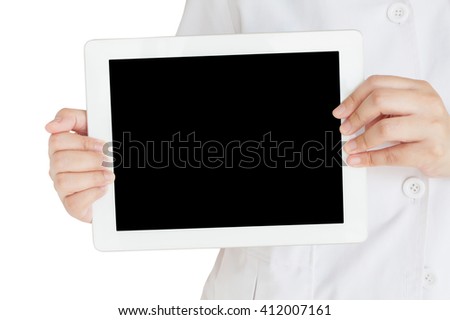 pharmacist showing tablet computer isolated on white background