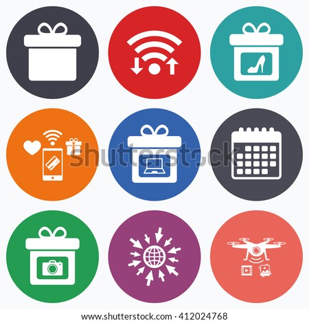 Wifi, mobile payments and drones icons. Gift box sign icons. Present with bow symbols. Photo camera sign. Woman shoes. Calendar symbol.