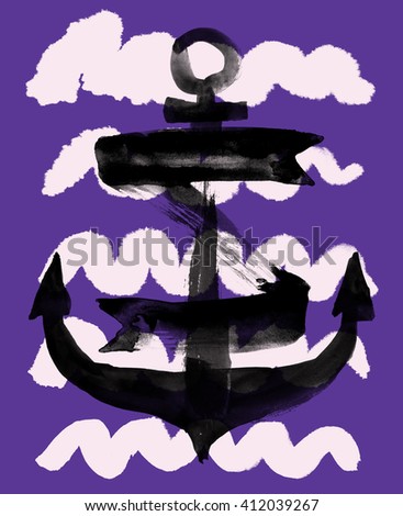 Watercolor illustration of an anchor. Suitable for printing on T-shirts, posters, calendars, banners.
