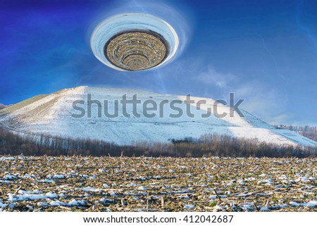 Photo composition, landscape picture of a snowy mountain over it a giant hurricane