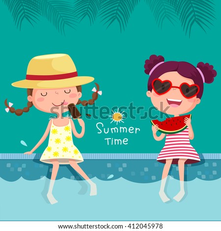 Vector illustration of two girls eating ice cream and watermelon at the pool