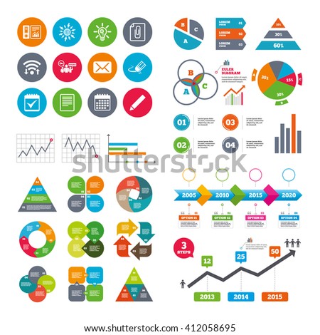 Wifi, calendar and web icons. Office, documents and business icons. Accounting, strike and calendar signs. Mail, ideas and statistics symbols. Diagram charts design.