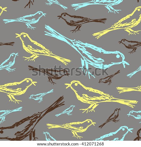 Endless pattern with hand-drawn outlines colored birds. Seamless pattern with realistic sketches of birds of different colors and sizes.Stock vector
