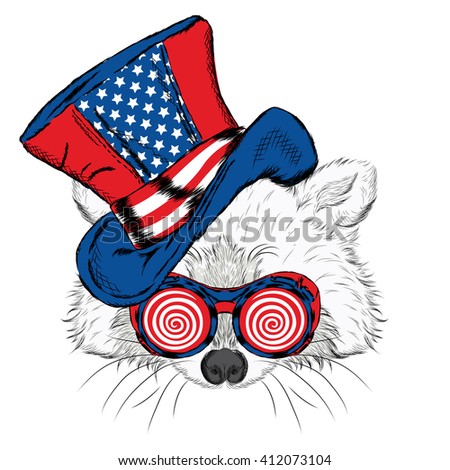 Funny raccoon in an unusual hat and sunglasses. Vector illustration.