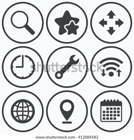 Clock, wifi and stars icons. Magnifier glass and globe search icons. Fullscreen arrows and wrench key repair sign symbols. Calendar symbol.
