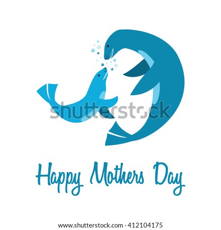 Happy Mothers Day. Vector Holiday Illustration with text. Mom and baby blue fur seals on white background with air bubbles. Blue color. Simple form. Cartoons flat style. Water cute blue animals.