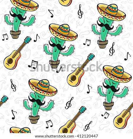 Funny Cinco de Mayo seamless background. Cartoon cactuses in mexican hat with guitar singing a song.