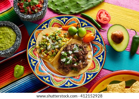 Mexican platillo tacos of barbacoa and vegetarian with sauces and colorful table Royalty-Free Stock Photo #412152928