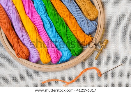 Colored thread and  hook for embroidery. Top view
