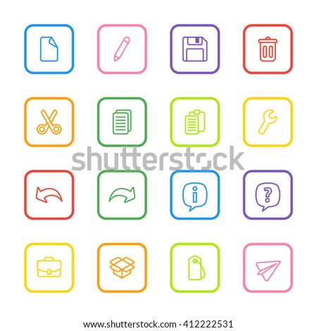 colorful line web icon set with rounded rectangle frame for web design, user interface (UI), infographic and mobile application (apps)