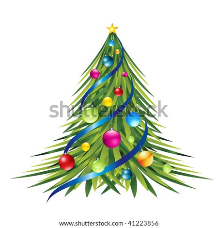 Colorful christmas tree and colorful ball on it isolated on white. Vector background